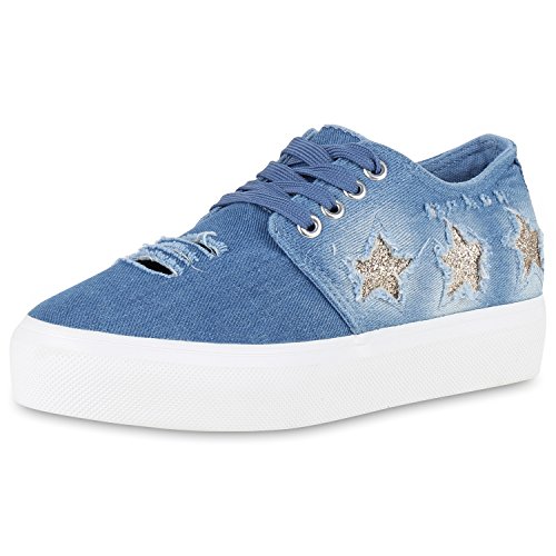 SCARPE VITA Damen Denim Plateau Sneaker Metallic Sterne Glitzer Used Look 164238 Hellblau Denim 37 von SCARPE VITA