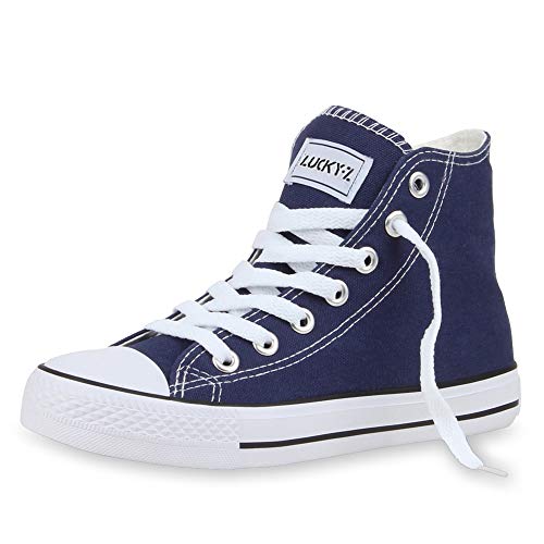 SCARPE VITA Damen High Top Sneaker Sportschuhe Kult Schuhe Canvas Stoff Freizeitschuhe Schnürer Sportliche Turnschuhe 165781 Dunkelblau Weiss 38 von SCARPE VITA