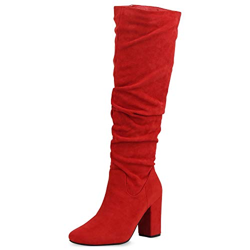 SCARPE VITA Damen Klassische Stiefel Veloursleder-Optik High Heels Blockabsatz Schuhe Slouch Boots Langschaftstiefel Absatzschuhe 186439 Rot 36 von SCARPE VITA