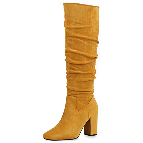 SCARPE VITA Damen Klassische Stiefel Veloursleder-Optik High Heels Blockabsatz Schuhe Slouch Boots Langschaftstiefel Absatzschuhe 186440 Gelb 37 von SCARPE VITA