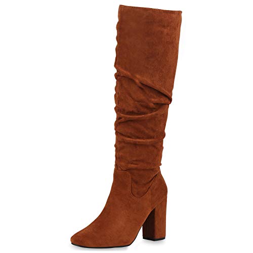 SCARPE VITA Damen Klassische Stiefel Veloursleder-Optik High Heels Blockabsatz Schuhe Slouch Boots Langschaftstiefel Absatzschuhe 186442 Hellbraun 36 von SCARPE VITA