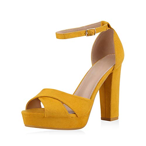 SCARPE VITA Damen Plateau Sandaletten Party Schuhe Blockabsatz High Heels Wildleder-Optik Absatzschuhe Riemchensandaletten 182732 Gelb Total 40 von SCARPE VITA