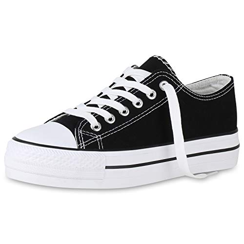 SCARPE VITA Damen Plateau Sneaker Basic Turnschuhe Schnürer Freizeit Schuhe Canvas Plateauschuhe Stoff Schnürschuhe 173862 Schwarz White Total 36 von SCARPE VITA