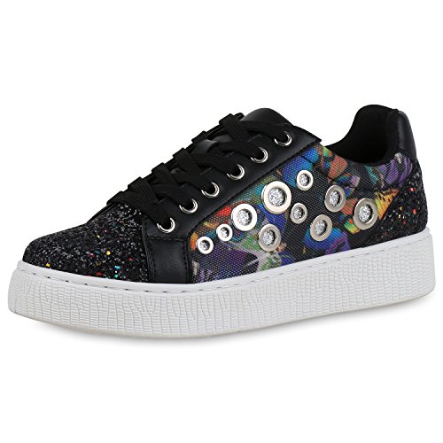 SCARPE VITA Damen Plateau Sneaker Glitzer Freizeit Schuhe Prints Turnschuhe 164908 Schwarz Glitzer 37 von SCARPE VITA