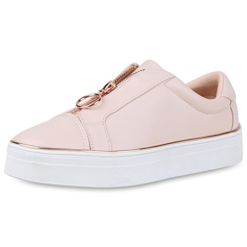 SCARPE VITA Damen Plateau Sneaker Leder-Optik Turnschuhe Slip On Schuhe Zipper 160739 Rosa 37 von SCARPE VITA