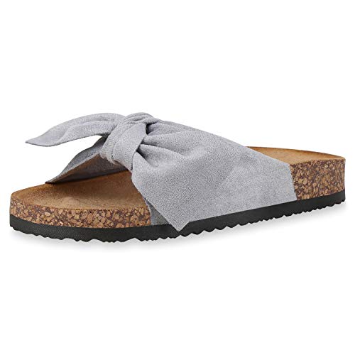 SCARPE VITA Damen Sandalen Leder-Optik Pantoletten Schleifen Korkoptik Profilsohle Flache Schuhe Bequeme Hausschuhe 182438 Hellgrau Braun 40 von SCARPE VITA
