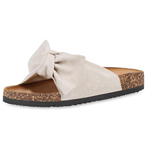 SCARPE VITA Damen Sandalen Pantoletten Korkoptik Sommerschuhe Schlappen Schleifen Schuhe Flats Sommer Hausschuhe Latschen 190571 Creme Total 38 von SCARPE VITA