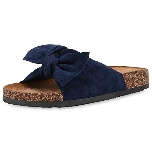 SCARPE VITA Damen Sandalen Pantoletten Korkoptik Sommerschuhe Schlappen Schleifen Schuhe Flats Hausschuhe Latschen 190573 Dunkelblau Blue 38 von SCARPE VITA