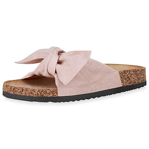 SCARPE VITA Damen Sandalen Pantoletten Schleifen Kork-Optik Profilsohle Wildleder-Optik Freizeitschuhe Flache Sommer Schuhe 195899 Rosa 41 von SCARPE VITA