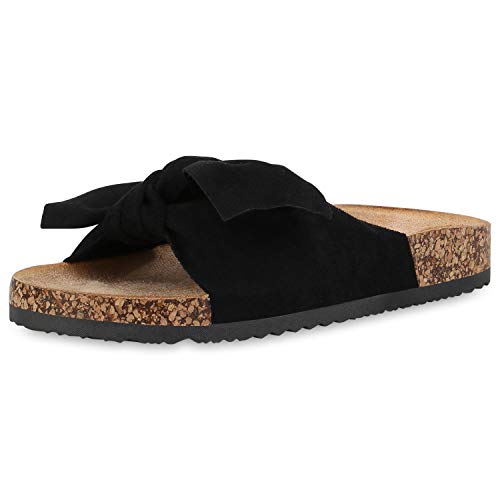 SCARPE VITA Damen Sandalen Wildleder-Optik Pantoletten Schleifen Kork-Optik Profilsohle Schuhe Flache 193087 Schwarz Schwarz Total 39 von SCARPE VITA