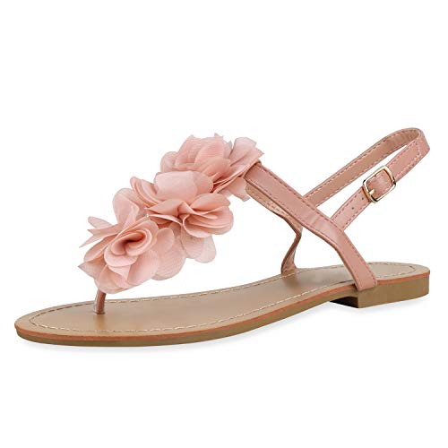 SCARPE VITA Damen Sandalen Zehentrenner Blumen Flats Sommerschuhe 172718 Apricot 38 von SCARPE VITA