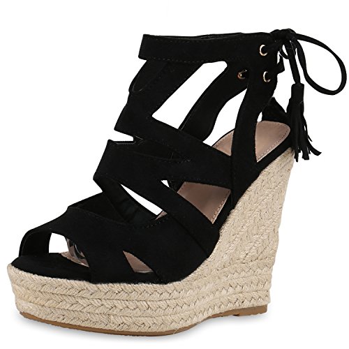 SCARPE VITA Damen Sandaletten Bast Keilabsatz Espadrilles Wedges Schuhe 160580 Schwarz Quasten 37 von SCARPE VITA
