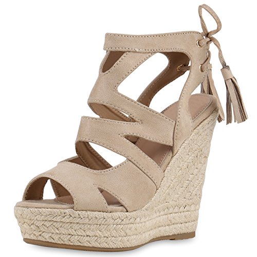 SCARPE VITA Damen Sandaletten Bast Keilabsatz Espadrilles Wedges Schuhe 160581 Creme Quasten 38 von SCARPE VITA