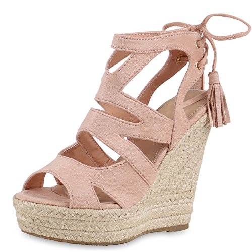SCARPE VITA Damen Sandaletten Bast Keilabsatz Espadrilles Wedges Schuhe 160582 Rosa Quasten 38 von SCARPE VITA