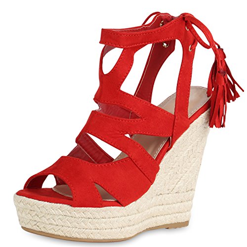 SCARPE VITA Damen Sandaletten Bast Keilabsatz Espadrilles Wedges Schuhe 161258 Rot Quasten 35 von SCARPE VITA