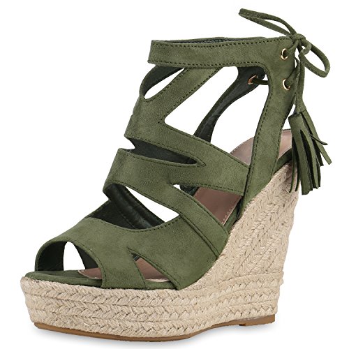 SCARPE VITA Damen Sandaletten Bast Keilabsatz Espadrilles Wedges Schuhe 164182 Dunkelgrün Quasten 36 von SCARPE VITA