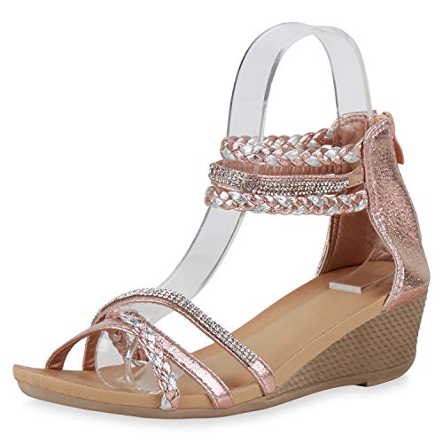 SCARPE VITA Damen Sandaletten Strass Keilsandaletten Metallic Sommer Schuhe Keilabsatz Sommer-Sandaletten Sommer-Schuhe 196428 Rose Gold 38 von SCARPE VITA