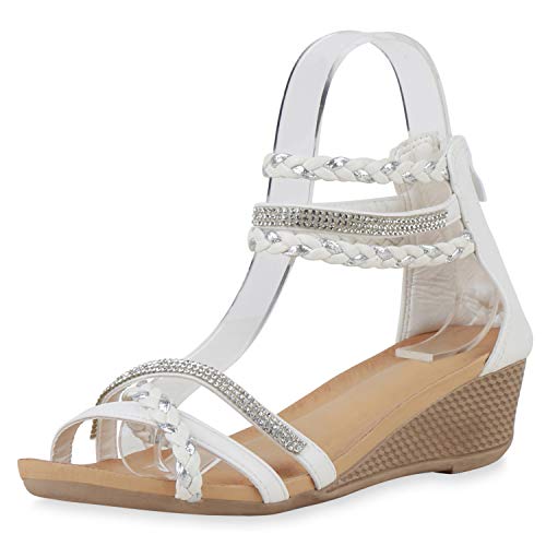 SCARPE VITA Damen Sandaletten Strass Keilsandaletten Metallic Sommer Schuhe Keilabsatz Sommer-Sandaletten Sommer-Schuhe 196429 Weiss Silber 36 von SCARPE VITA