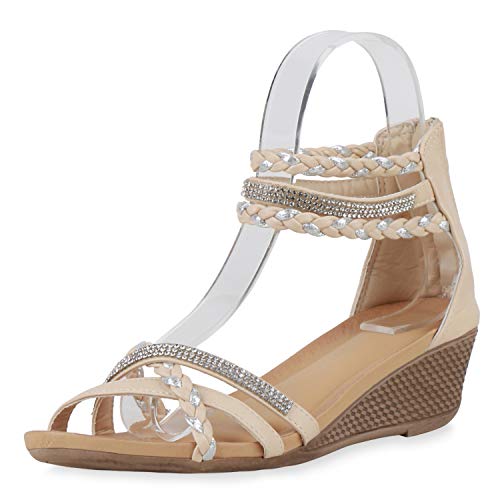 SCARPE VITA Damen Sandaletten Strass Keilsandaletten Metallic Sommer Schuhe Keilabsatz Sommer-Sandaletten Sommer-Schuhe 196430 Beige Silber 39 von SCARPE VITA