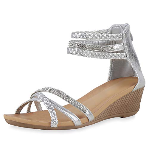 SCARPE VITA Damen Sandaletten Strass Keilsandaletten Metallic Sommer Schuhe Keilabsatz Sommer-Sandaletten Sommer-Schuhe 196431 Silber Total 37 von SCARPE VITA