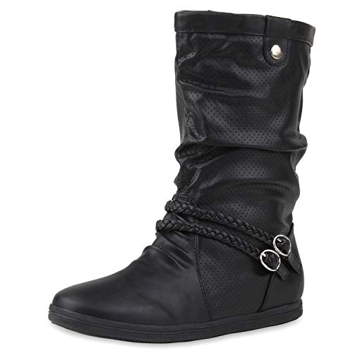 SCARPE VITA Damen Schlupfstiefel Sportliche Stiefel Leder-Optik Boots Geflochtene Schnalle Zierknöpfe Bequeme Schlupfschuhe 172586 Schwarz Zierknöpfe 37 von SCARPE VITA