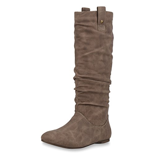 SCARPE VITA Damen Schlupfstiefel Warm Gefütterte Stiefel Nieten Wildleder-Optik Schuhe Flache Slouch Boots 152412 Khaki 38 von SCARPE VITA