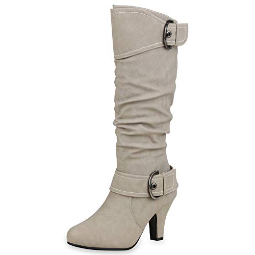 SCARPE VITA Damen Schnürstiefel Plateau Stiefel Retro Leder-Optik 157002 Creme Schnallen 36 von SCARPE VITA