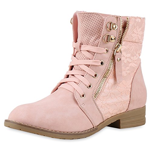 SCARPE VITA Damen Schnürstiefeletten Spitze Stiefeletten Zipper Worker Boot 160295 Rosa Spitze 37 von SCARPE VITA