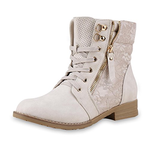 SCARPE VITA Damen Schnürstiefeletten Spitze Stiefeletten Zipper Worker Boot 160296 Creme Gold 41 von SCARPE VITA