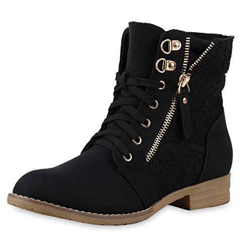 SCARPE VITA Damen Schnürstiefeletten Spitze Stiefeletten Zipper Worker Boot 165436 Schwarz Gold 37 von SCARPE VITA