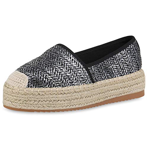 SCARPE VITA Damen Slippers Plateau Espadrilles Metallic Plateauschuhe Bast Sommer Schuhe Slip On Freizeitschuhe 191797 Schwarz Metallic 36 von SCARPE VITA