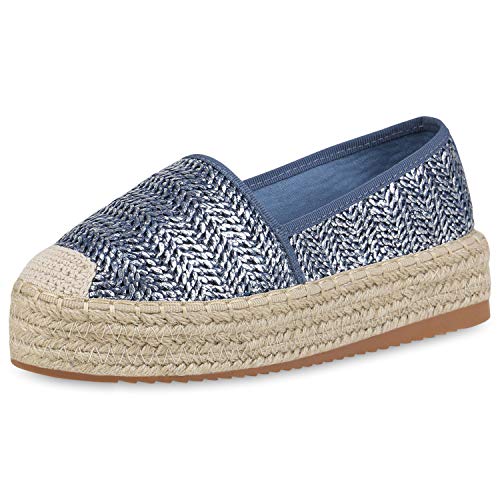 SCARPE VITA Damen Slippers Plateau Espadrilles Metallic Plateauschuhe Bast Sommer Schuhe Slip On Freizeitschuhe 191800 Dunkelblau Metallic 38 von SCARPE VITA