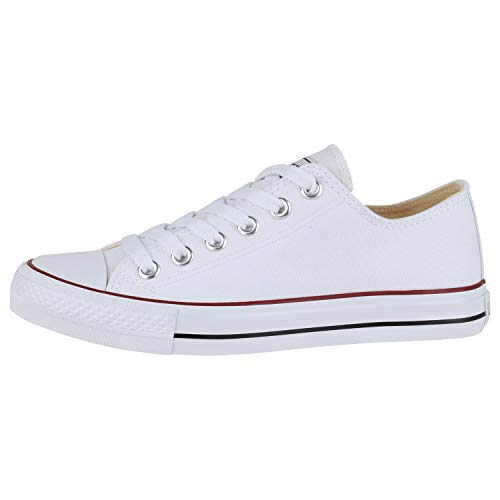 SCARPE VITA Damen Sneaker Low Basic Canvas Turnschuhe Schnürer Bequeme Freizeit Schuhe Flats Stoff Schnürschuhe 172877 Weiss Rotstreifen 42 von SCARPE VITA