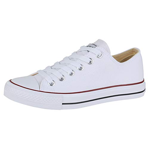 SCARPE VITA Damen Sneaker Low Basic Canvas Turnschuhe Schnürer Bequeme Freizeit Schuhe Flats Stoff Schnürschuhe 172902 Weiss Rotstreifen Total 41 von SCARPE VITA
