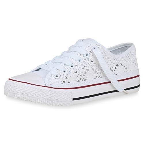 SCARPE VITA Damen Sneaker Low Spitzenstoff Turnschuhe Schnürer Freizeit Schuhe Flats Sportschuhe 166488 Weiss Spitze 38 von SCARPE VITA