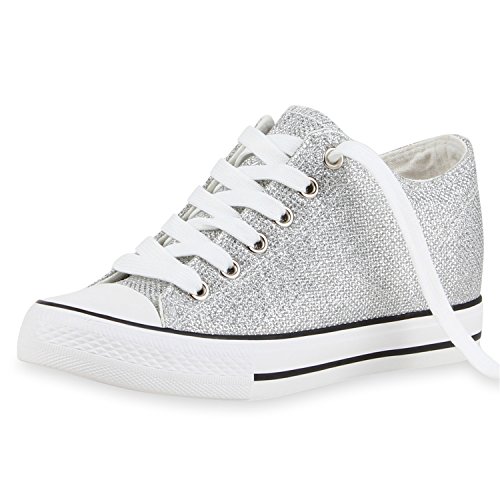 SCARPE VITA Damen Sneaker-Wedges Glitzer Keil Absatz Sneakers Schuhe 165268 Silber 38 von SCARPE VITA