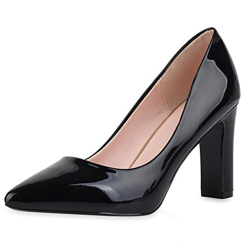 SCARPE VITA Damen Spitze Pumps Blockabsatz High Heels Party Schuhe Elegante Abendschuhe Lack Absatzschuhe 186296 Schwarz Schwarz Total 36 von SCARPE VITA