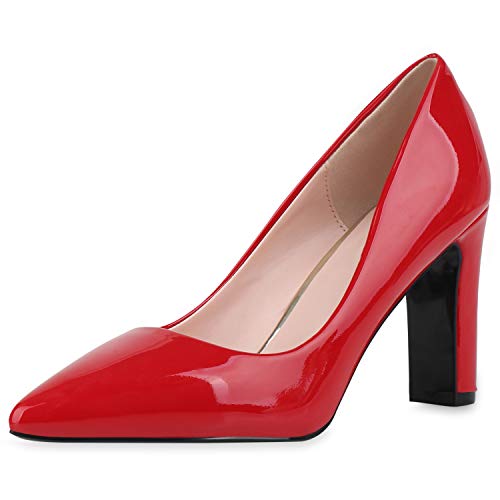 SCARPE VITA Damen Spitze Pumps Blockabsatz High Heels Party Schuhe Elegante Abendschuhe Lack Absatzschuhe 186297 Rot Rot Lack 36 von SCARPE VITA