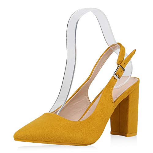 SCARPE VITA Damen Spitze Pumps Slingpumps High Heels Blockabsatz Schuhe Slingback Abendschuhe Elegante Absatzschuhe 187696 Gelb 40 von SCARPE VITA