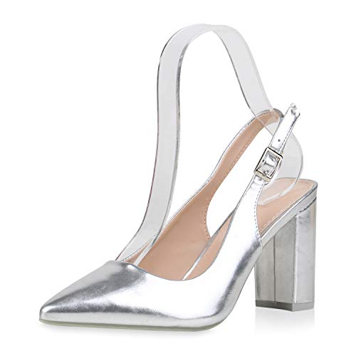 SCARPE VITA Damen Spitze Pumps Slingpumps High Heels Blockabsatz Schuhe Slingback Abendschuhe Elegante Absatzschuhe 187697 Silber PU 36 von SCARPE VITA