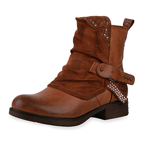 SCARPE VITA Damen Stiefeletten Biker Boots Leicht Gefüttert Schnallen Nieten Kroko-Optik Bequeme Blockabsatz Schuhe 197068 Hellbraun Kroko 36 von SCARPE VITA