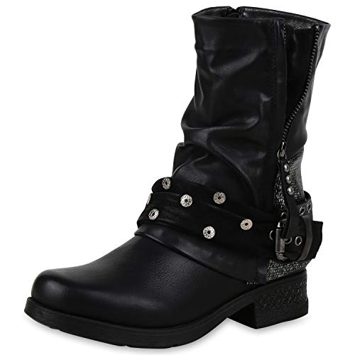 SCARPE VITA Damen Stiefeletten Biker Boots Leicht Gefütterte Stiefel Prints 172185 Schwarz 37 von SCARPE VITA