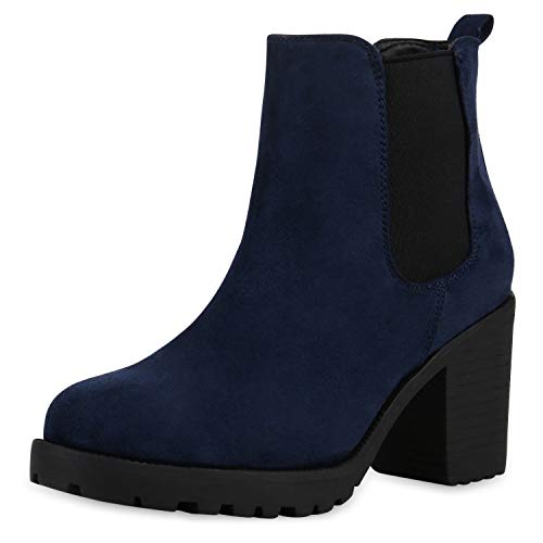 SCARPE VITA Damen Stiefeletten Blockabsatz Chelsea Boots Profilsohle 164145 Dunkelblau Velours 36 von SCARPE VITA