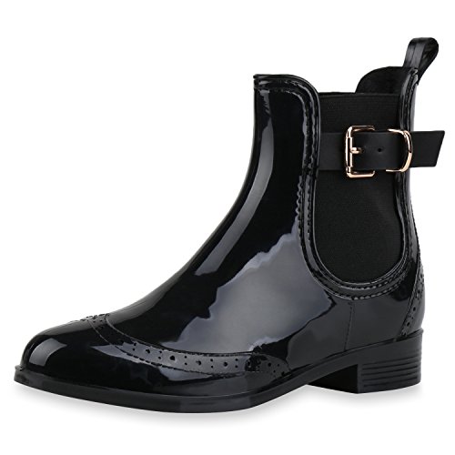 SCARPE VITA Damen Stiefeletten Chelsea Boots Lack Schnallen Gummistiefel Schuhe 160512 Schwarz Lack 37 von SCARPE VITA