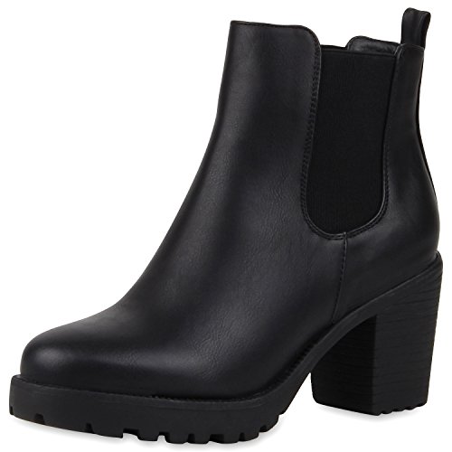 SCARPE VITA Damen Stiefeletten Chelsea Boots Profilsohle Blockabsatz Schuhe 164143 Schwarz 38 von SCARPE VITA