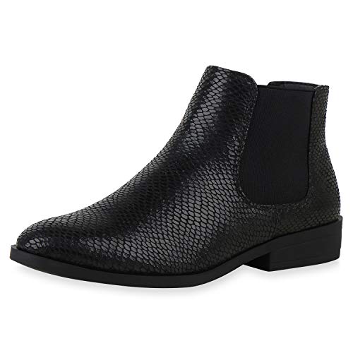 SCARPE VITA Damen Stiefeletten Lederoptik Chelsea Boots Blockabsatz Freizeit Schuhe Kurzschaft-Stiefel Ankle Boots 197481 Schwarz Snake Total 38 von SCARPE VITA