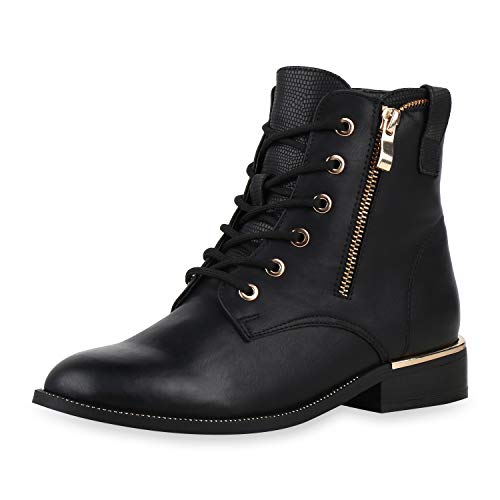 SCARPE VITA Damen Stiefeletten Lederoptik Schnürstiefeletten Ketten Prints Schuhe Blockabsatz Schnürer Schnürboots 197466 Schwarz Muster 36 von SCARPE VITA