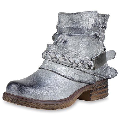 SCARPE VITA Damen Stiefeletten Leicht Gefüttert Biker Boots Schnallen Metallic 164533 Silber Schnallen 38 von SCARPE VITA