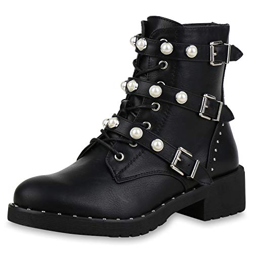 SCARPE VITA Damen Stiefeletten Schnürstiefeletten Leder-Optik Boots Leicht Gefütterte Schuhe Profilsohle Kurzschaft-Stiefel Zierperlen 167973 Schwarz 36 von SCARPE VITA