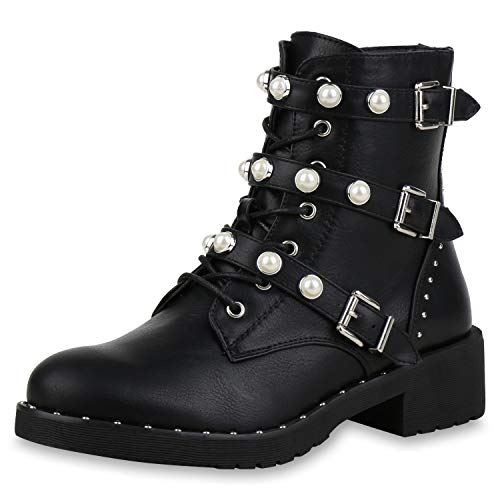 SCARPE VITA Damen Stiefeletten Schnürstiefeletten Leder-Optik Boots Leicht Gefütterte Schuhe Profilsohle Kurzschaft-Stiefel Zierperlen 167973 Schwarz 37 von SCARPE VITA